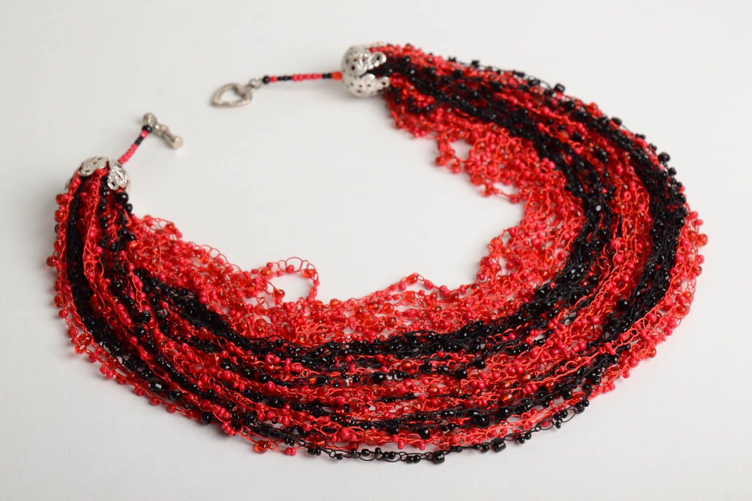 Handmade designer airy multi row necklace crocheted of red and black Czech beads photo 3