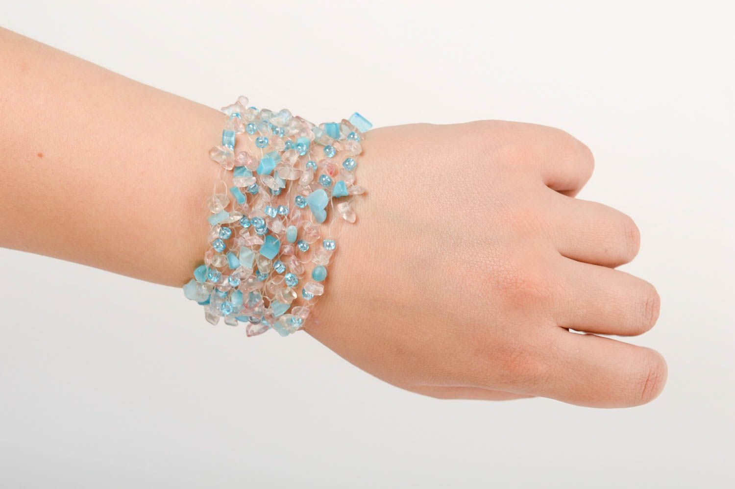 Handmade designer airy light blue wrist fashion bracelet with quartz and cat eye stone beads photo 5
