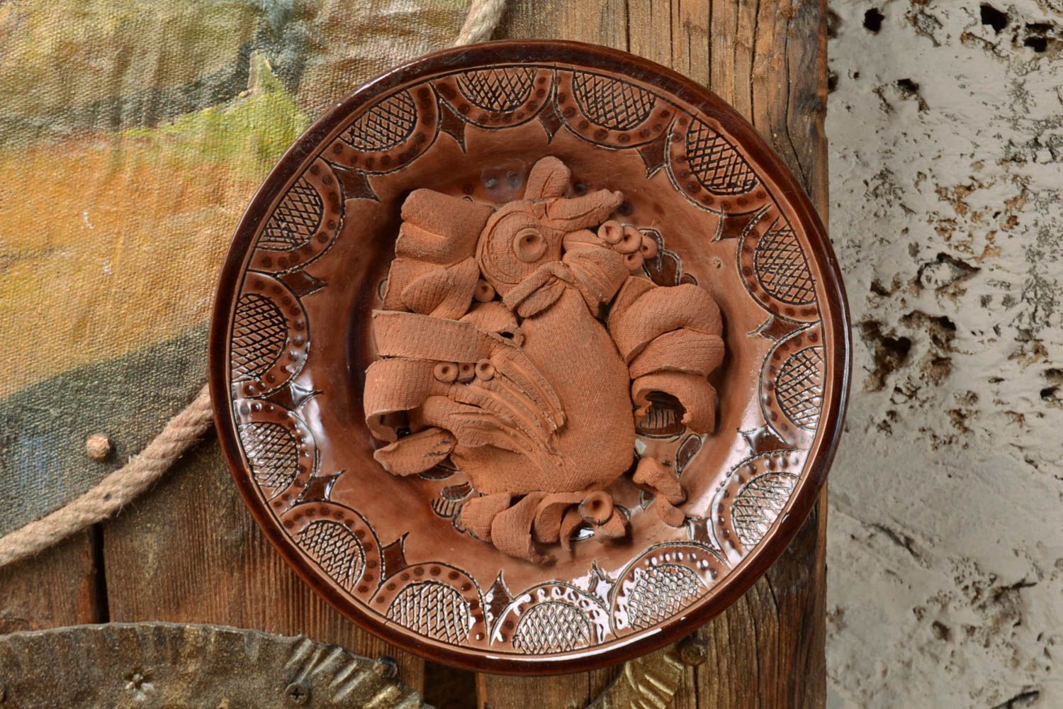 Handcrafted glazed ceramic wall plate with volume decoration home decor photo 5