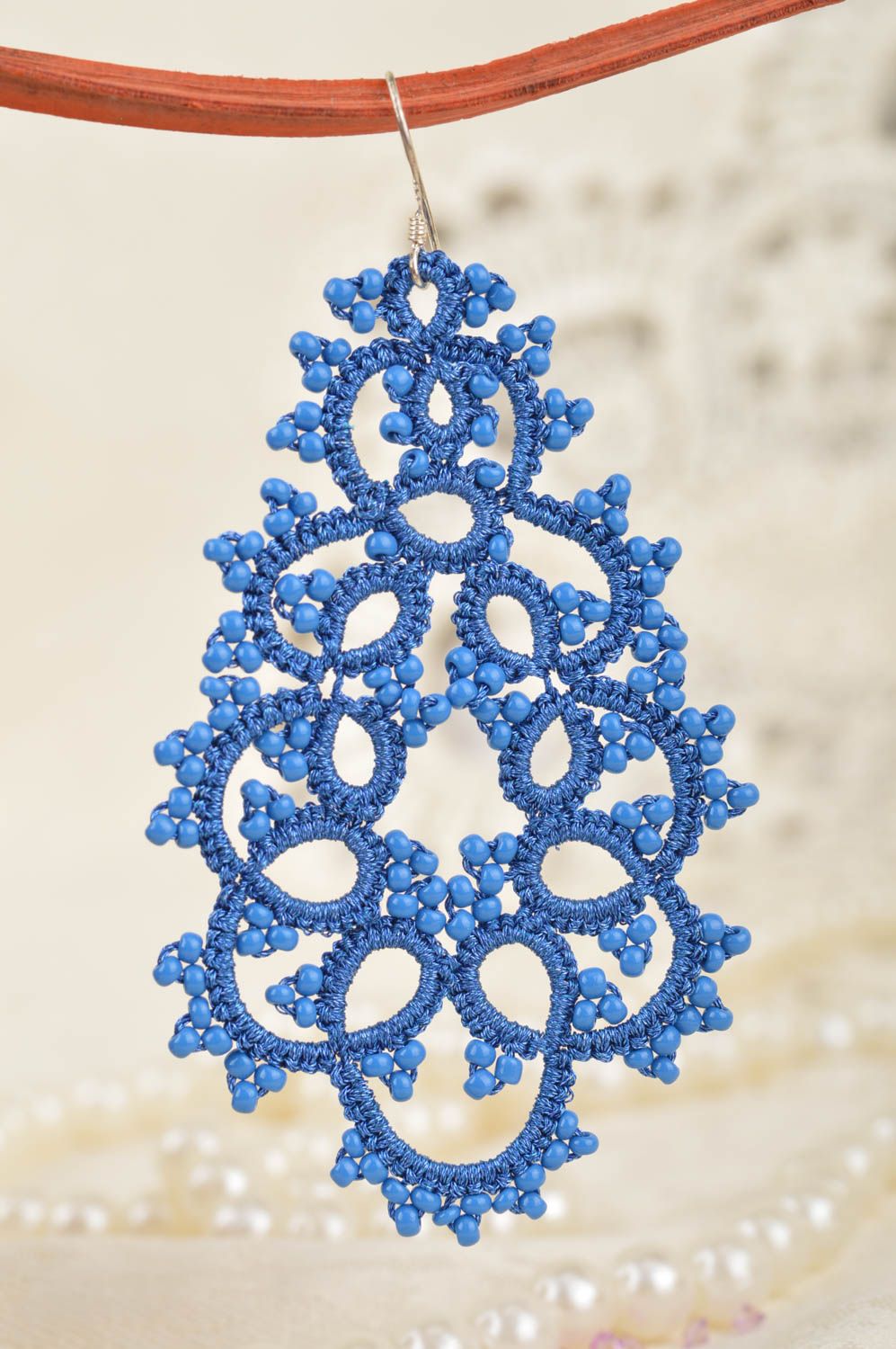 Large beautiful blue handmade tatting lace earrings with beads designer jewelry photo 3