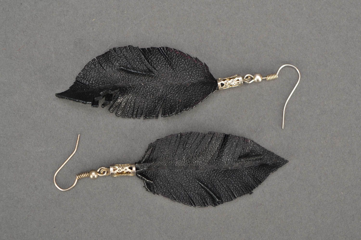 Black leather earrings Feathers photo 3