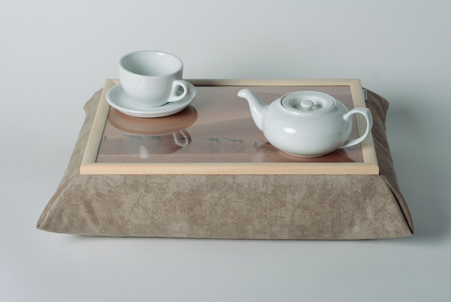 Grey handmade decorative tray cushion made of velvet and acrylic fabrics photo 1