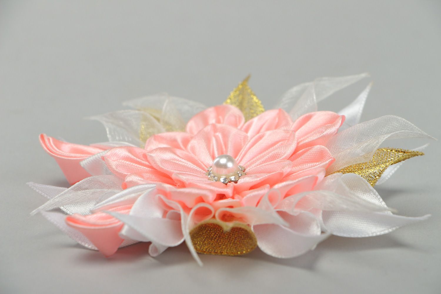 Tender handmade hair clip with satin ribbon kanzashi flower in pink color palette photo 2