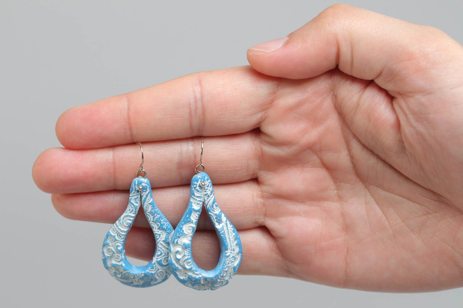 Beautiful blue and white handmade long polymer clay earrings photo 5