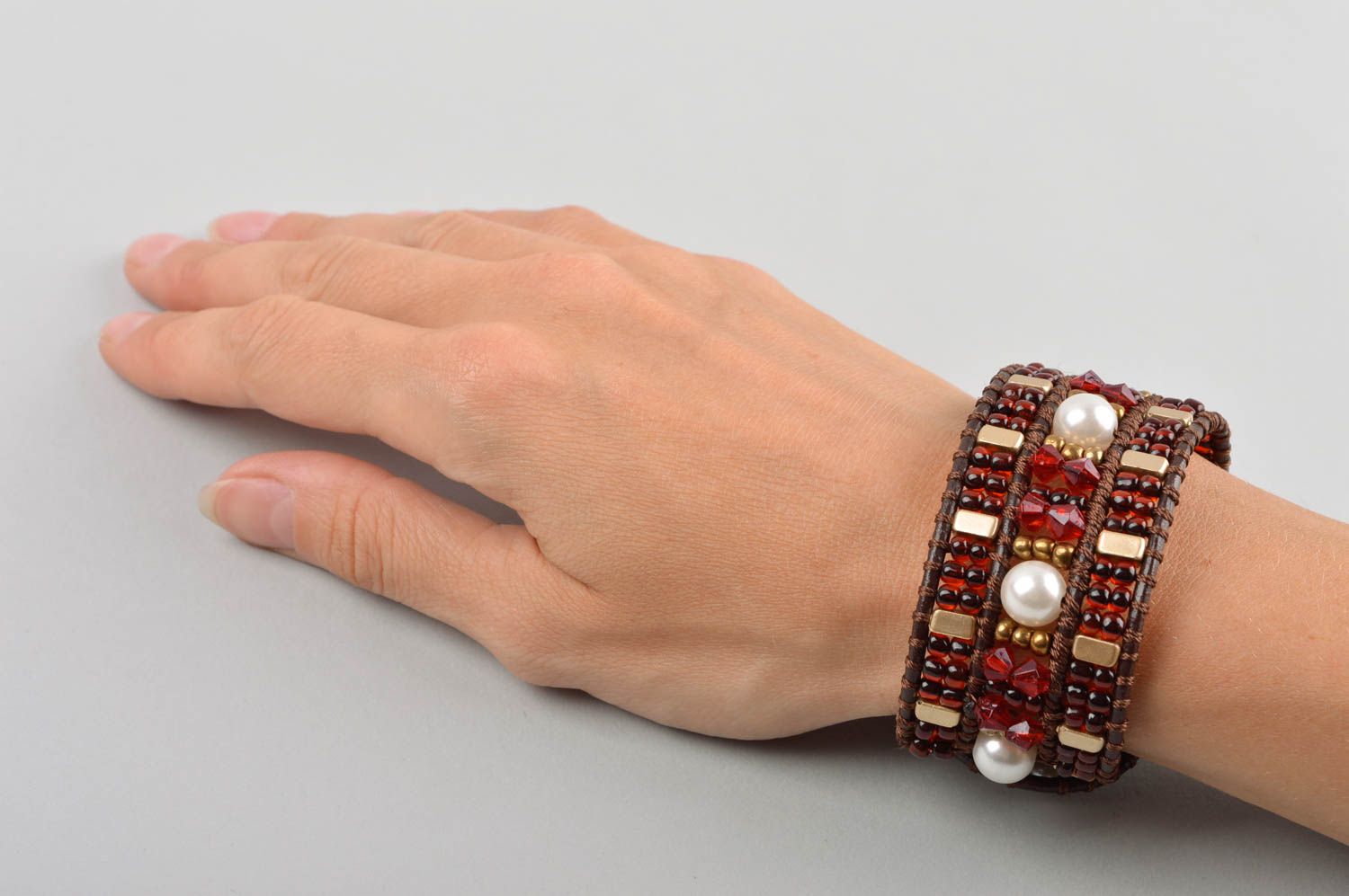 Bracelet perles rocaille large Bijou fait main marron Accessoire femme photo 5