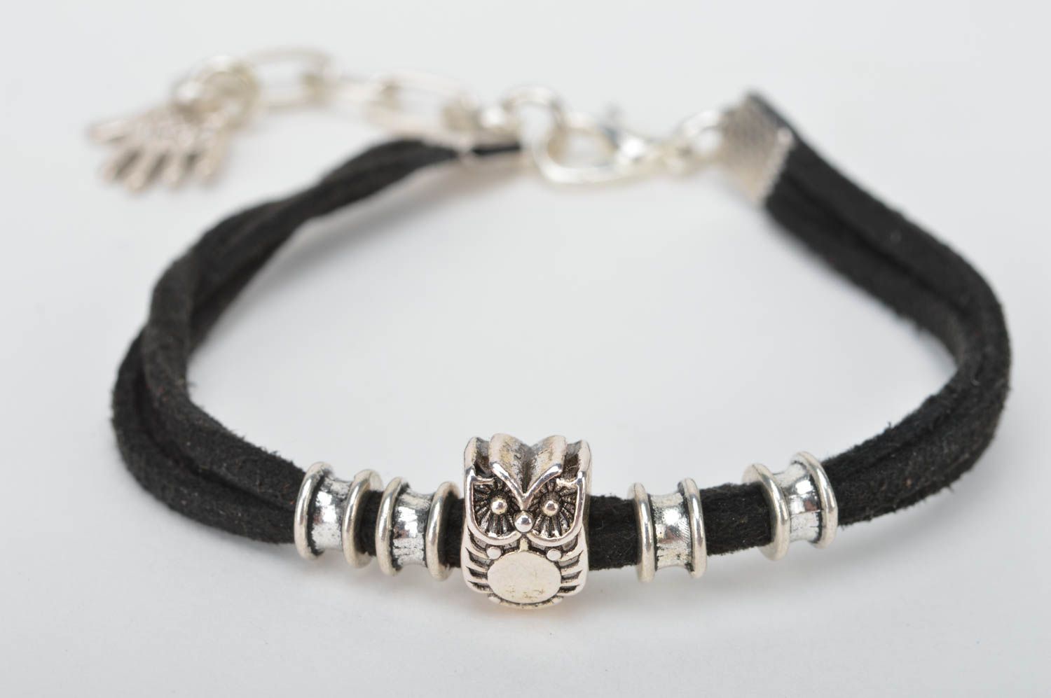 Handmade black cute bracelet made of suede laces with charms made of metal photo 2
