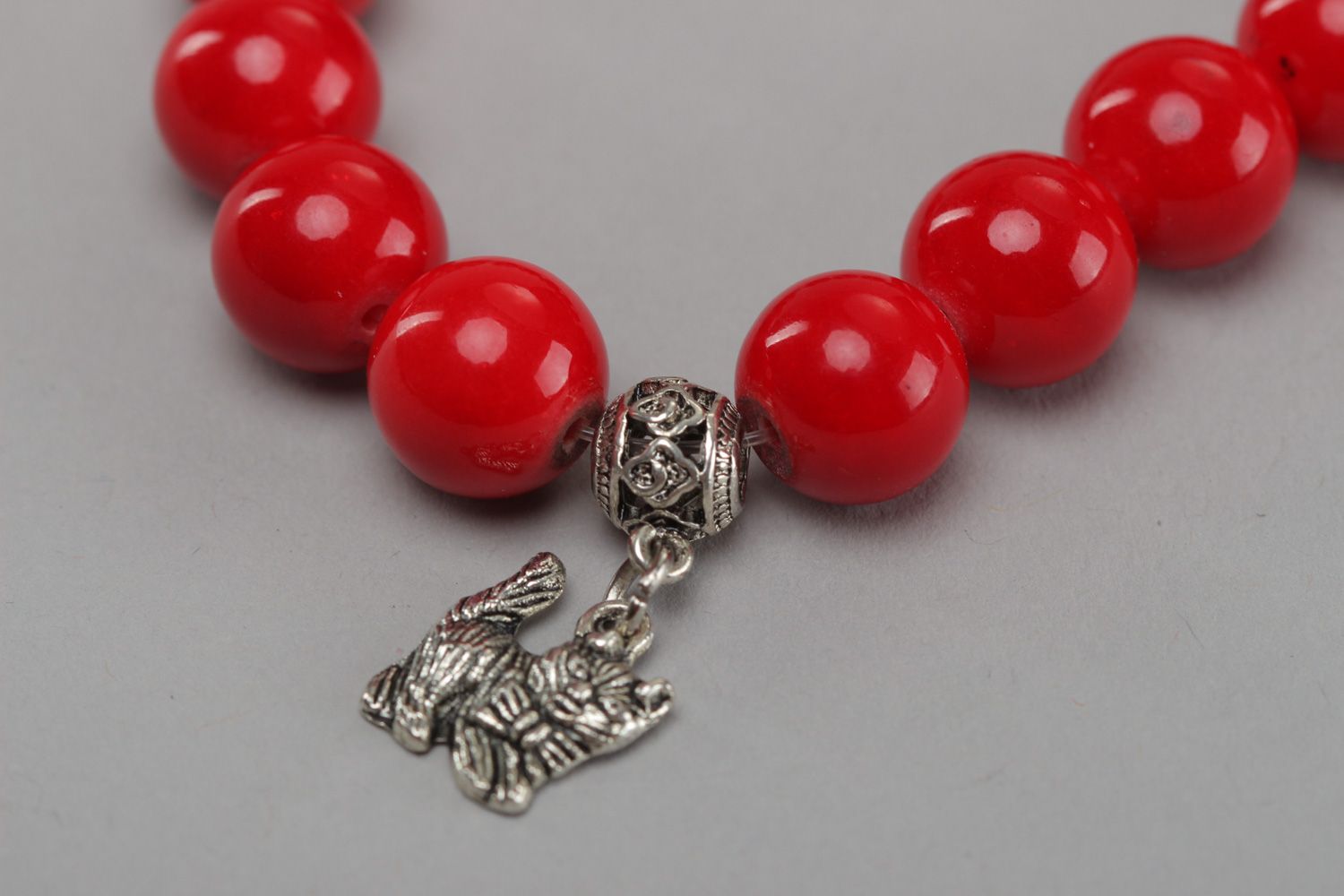 Handmade wrist bracelet with charms and beads of artificial coral for women photo 3