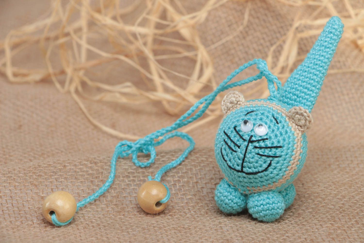 Crocheted cotton rattle small blue cat handmade toy for little children photo 1