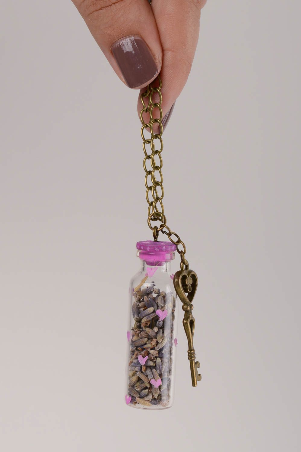 Розовый кулон ручной работы кулон бутылочка подвеска на шею с лавандой фото 5