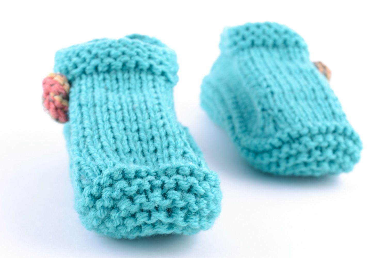 Beautiful handmade knitted warm half-woolen slippers of turquoise color for women photo 5