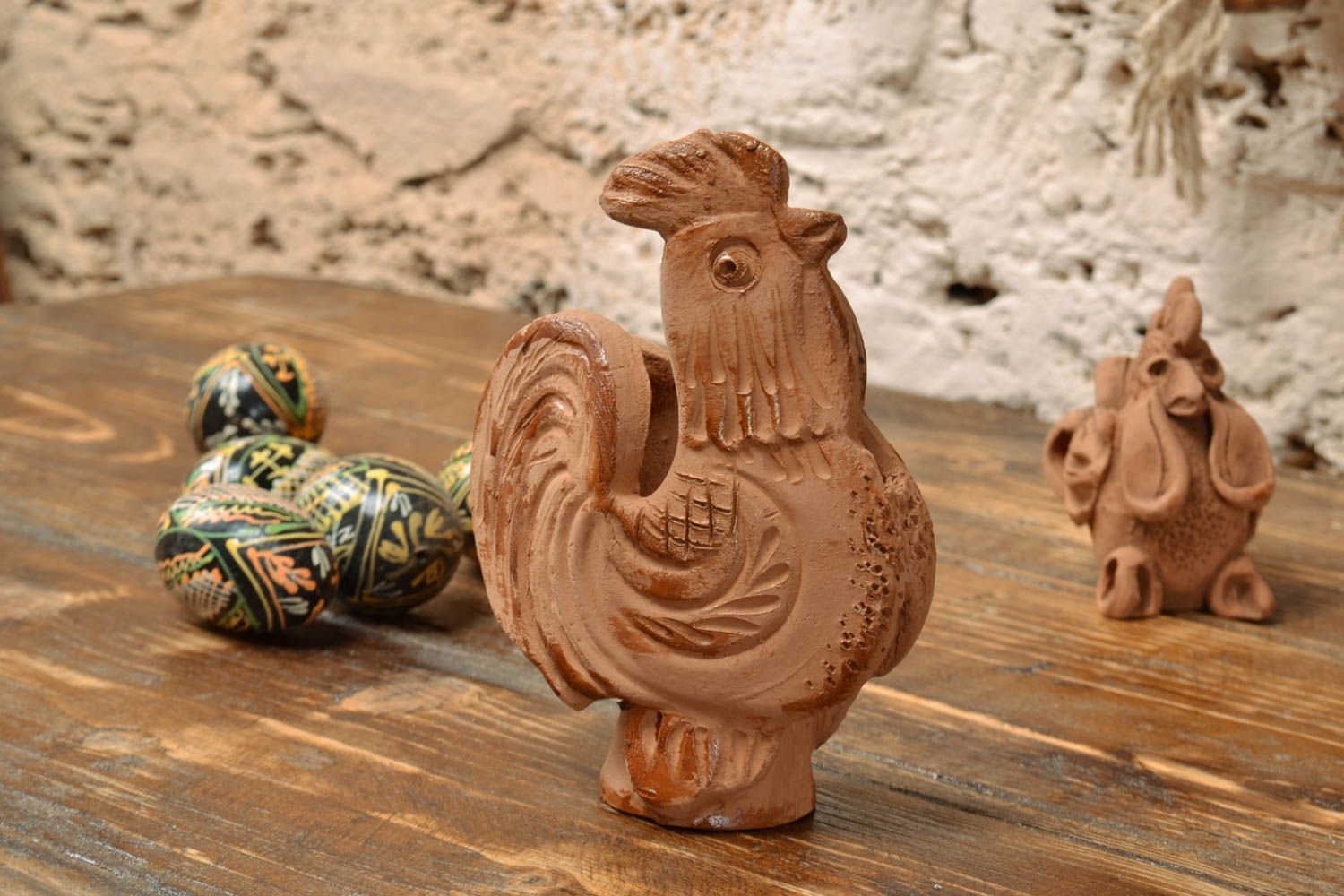Beautiful unusual handmade brown clay statuette of rooster for home decor photo 1