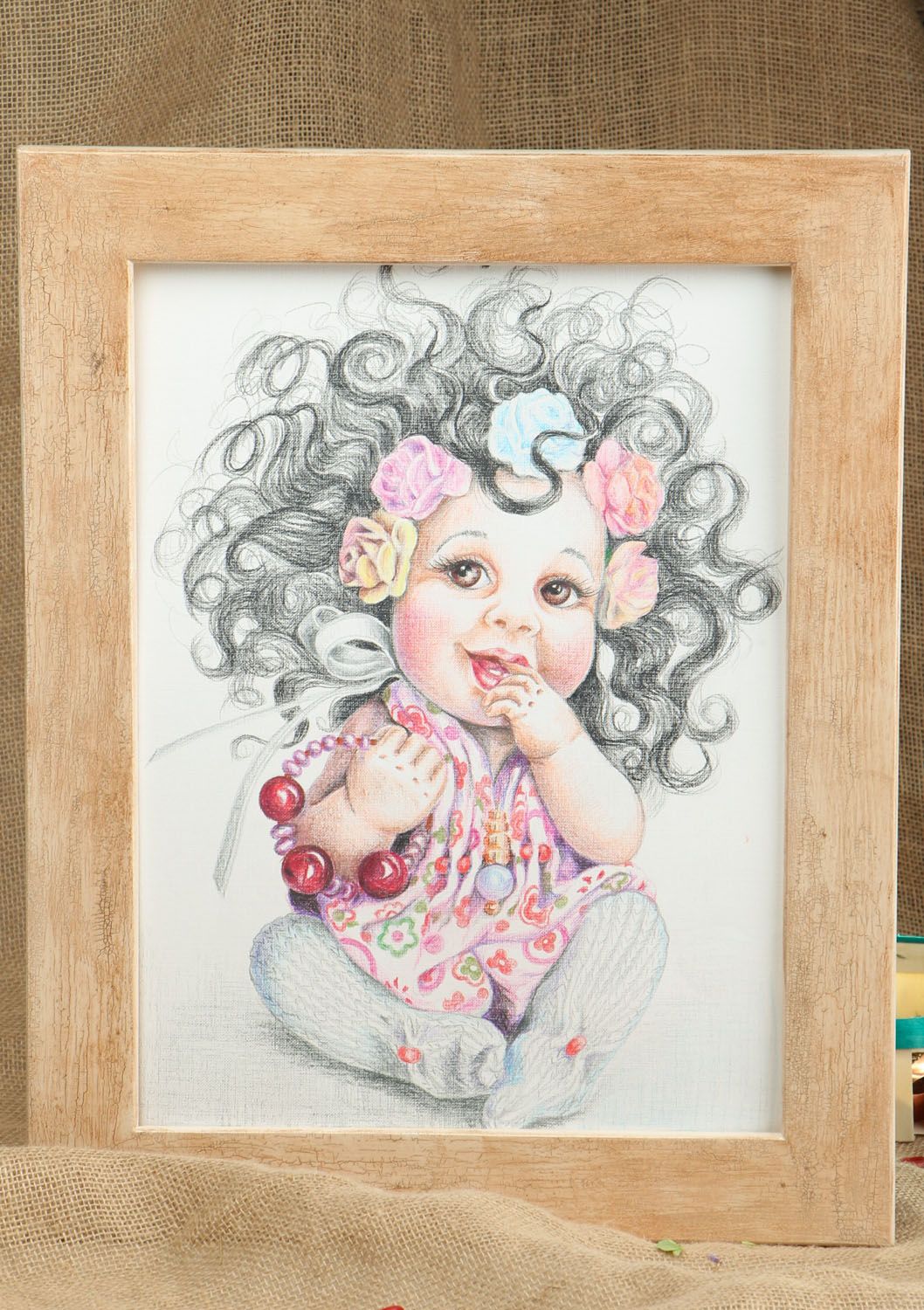 Quadro desenhado com lápis Menina com rosas foto 5