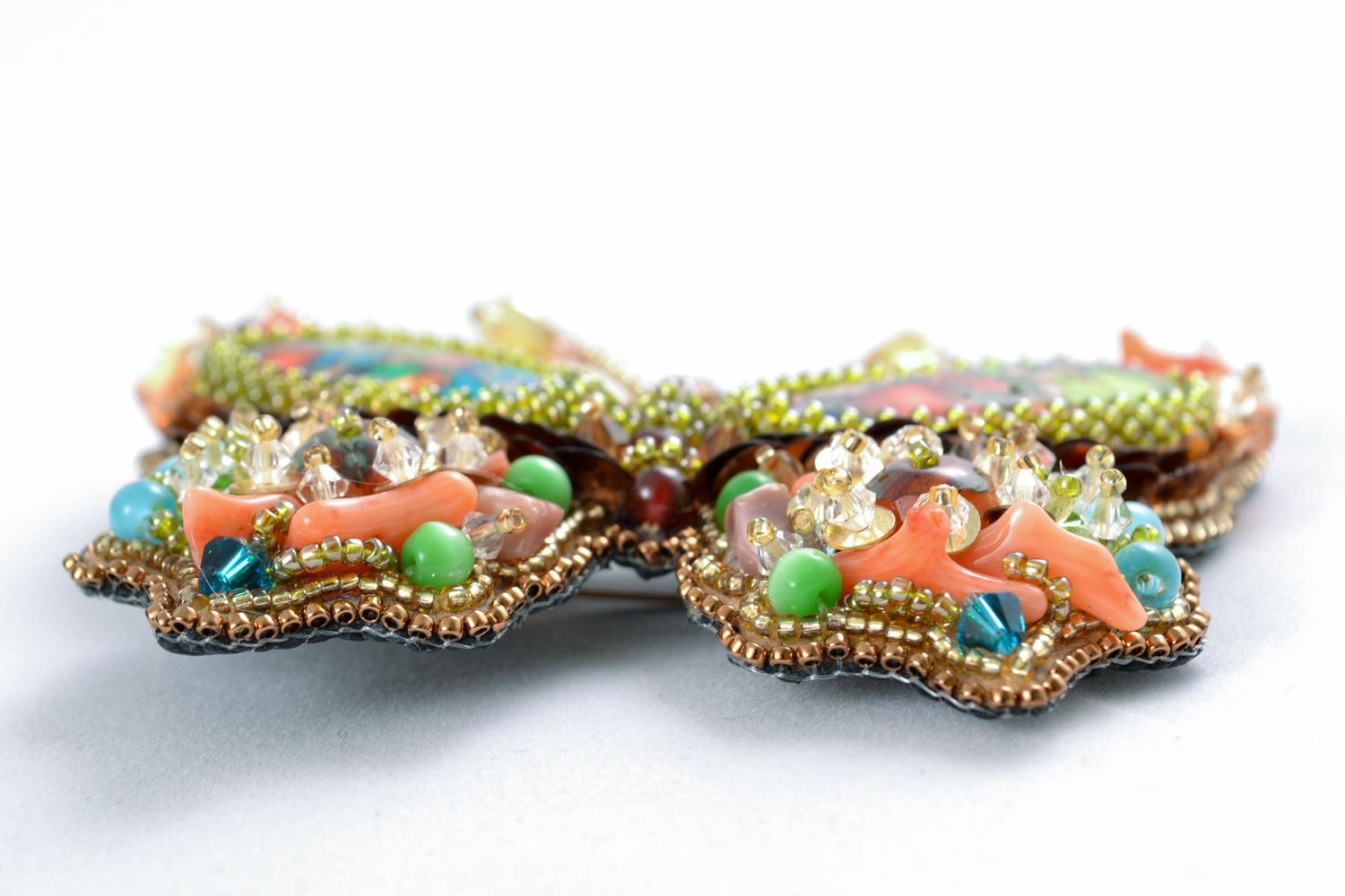 Handmade brooch embroidered with beads and natural stones photo 4