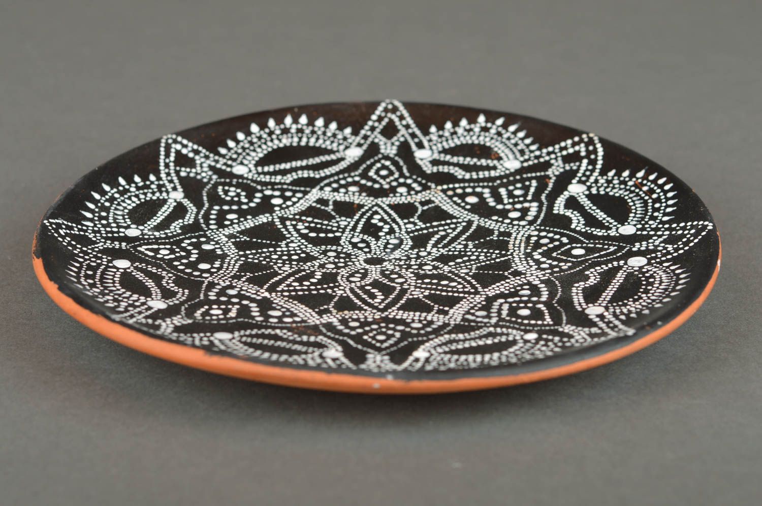 Handmade designer round ceramic plate for home decor black with dot painting photo 4