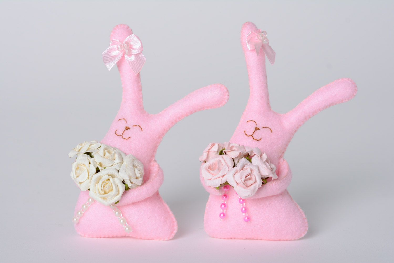 Handmade designer small soft toy bunnies in pink colors set of 2 pieces gift for baby photo 1