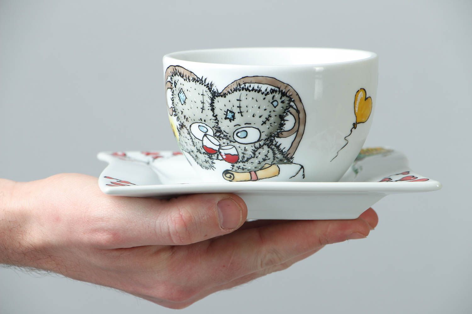 Porcelain handmade drinking cup for kids with handle, saucer, and funny teddy bears a pattern photo 4