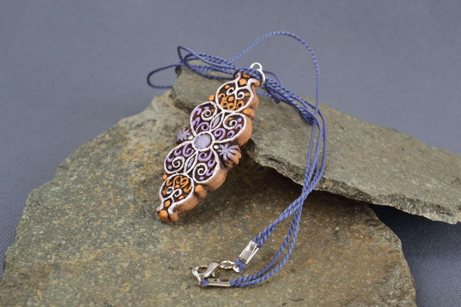 Beautiful colorful unusual perforated handmade clay neck pendant with cord photo 1