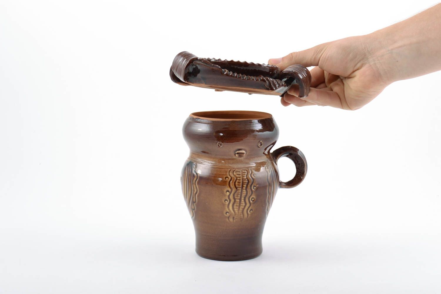 Pot de cuisine en céramique brun couvert de glaçure fait main original 1.3 l photo 2