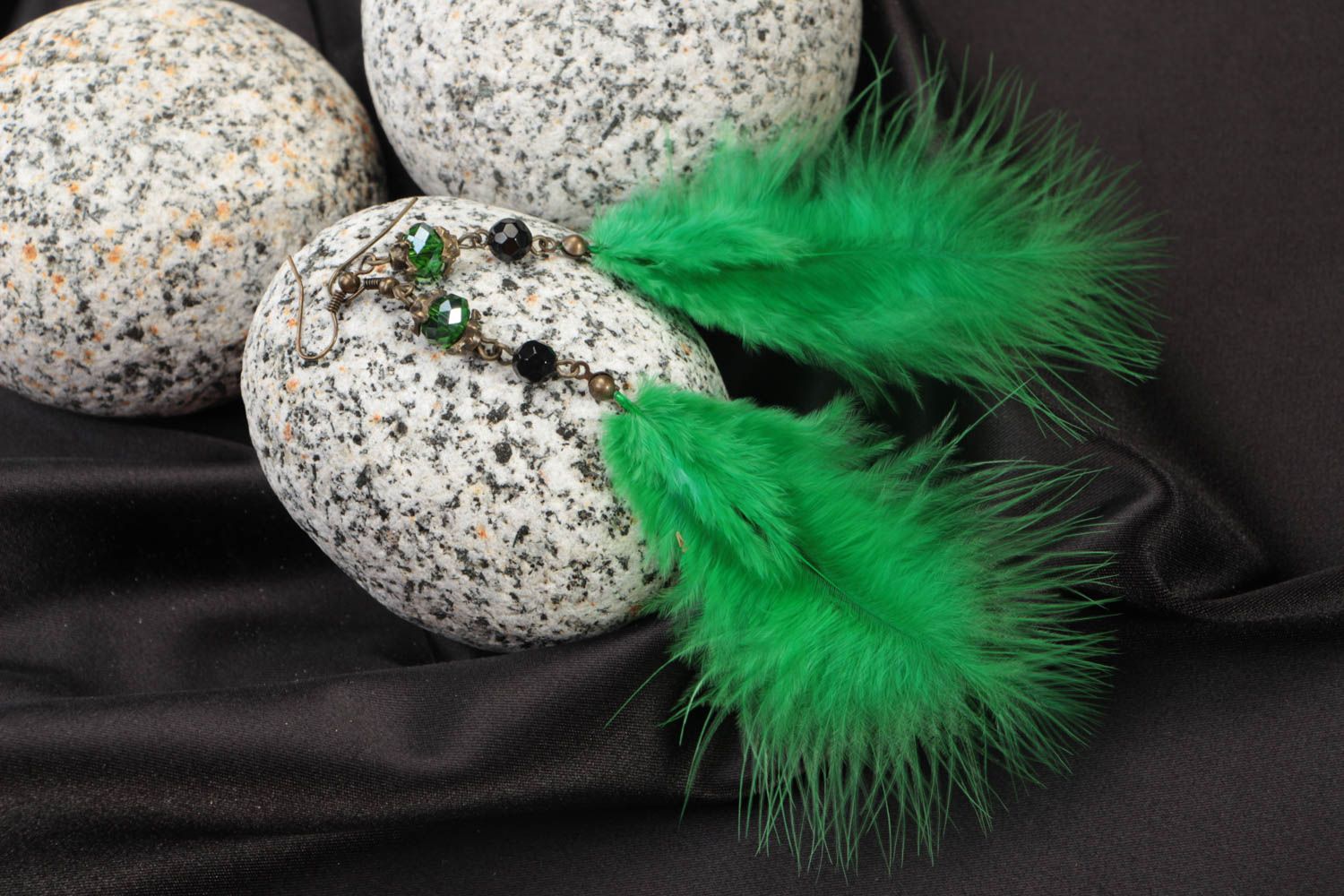 Green long earrings bright designer jewelry accessories made of feathers photo 5