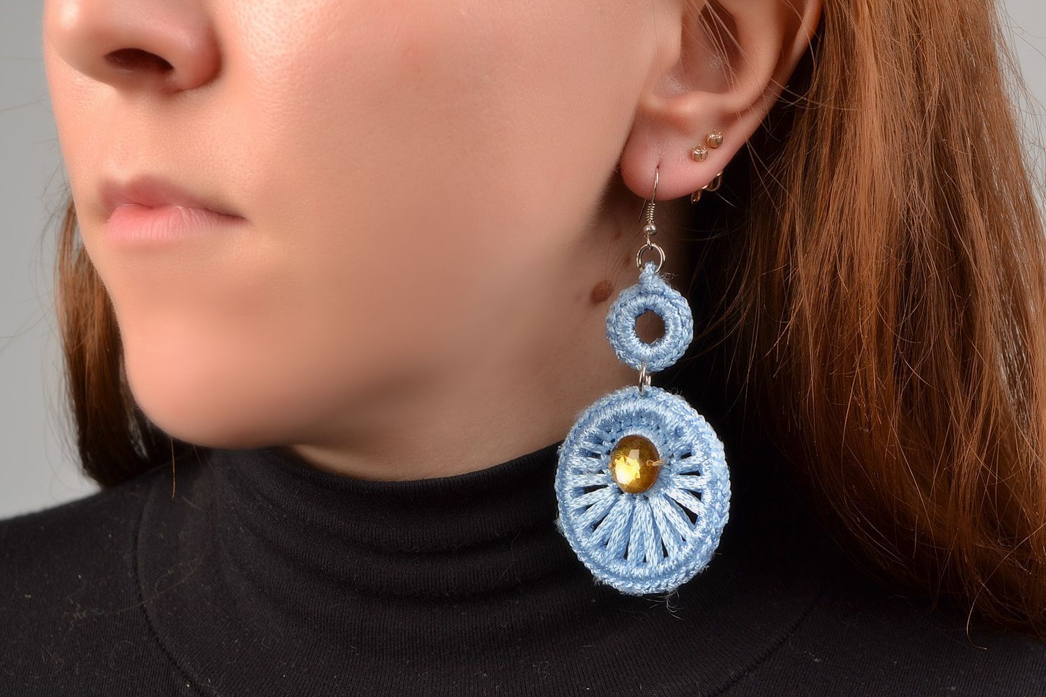 Handmade designer long earrings woven of blue viscose threads with rhinestones photo 1