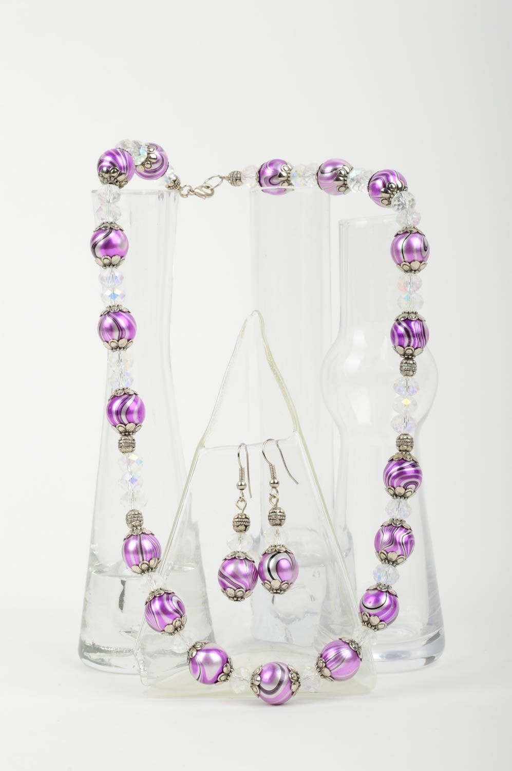 Ensemble bijoux Collier fait main Boucles d'oreilles originales fantaisie violet photo 1