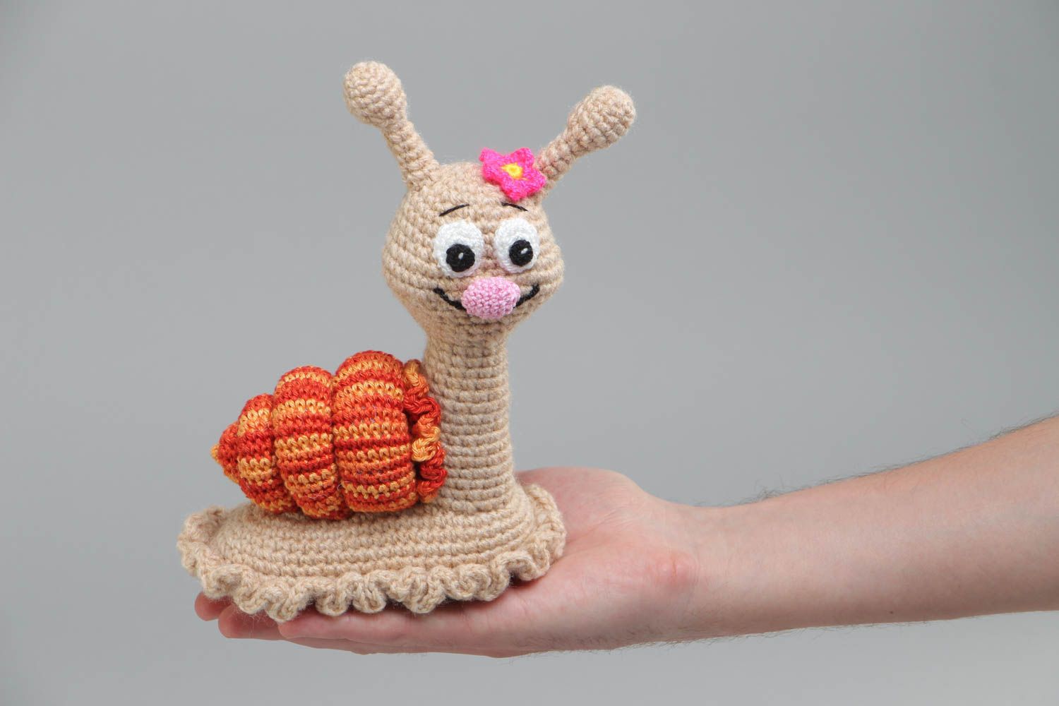 Nice children's handmade soft toy snail crochet of acrylic and cotton threads photo 5