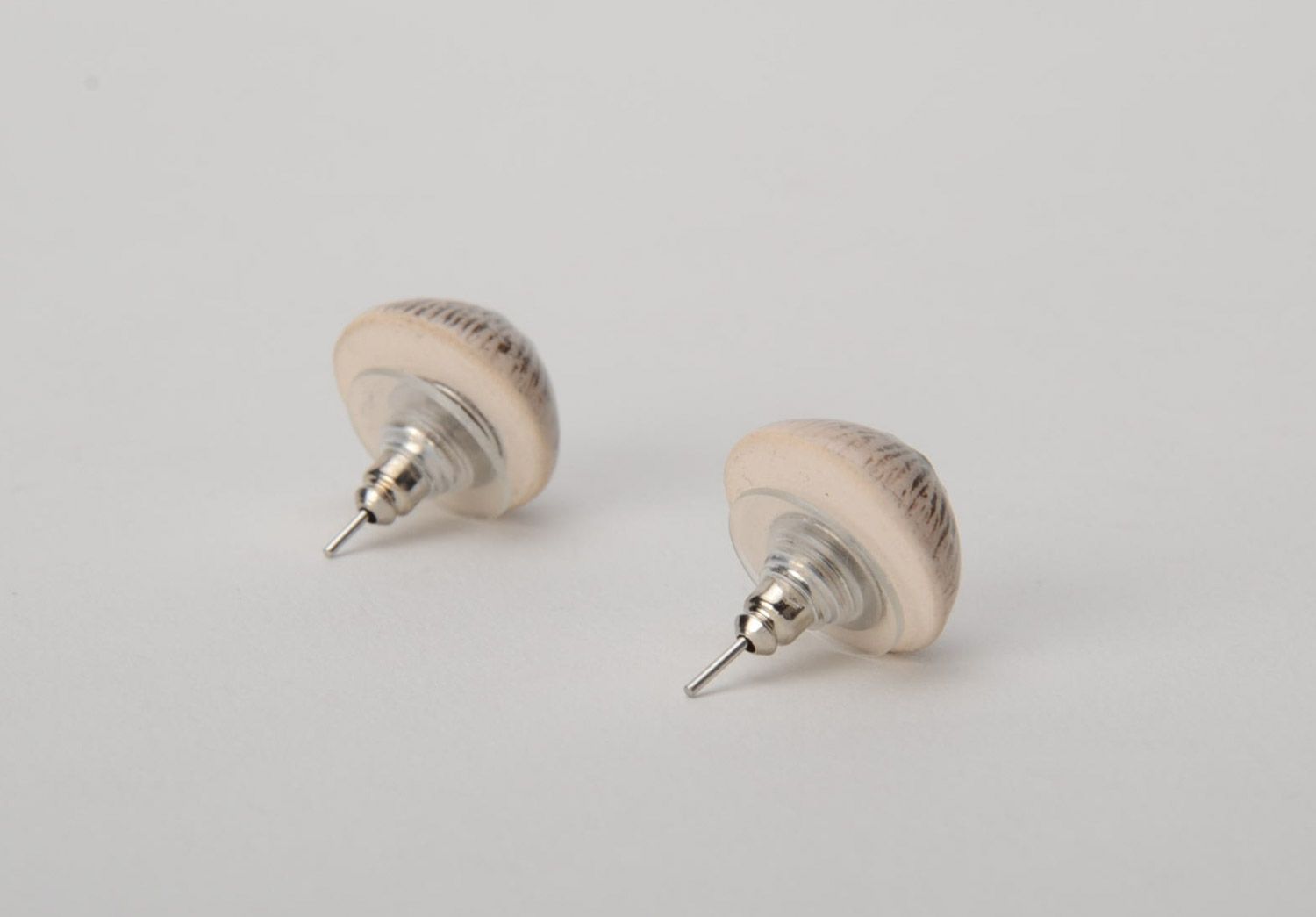 Handmade women's round stud earrings hand made of white clay and painted with enamels photo 5