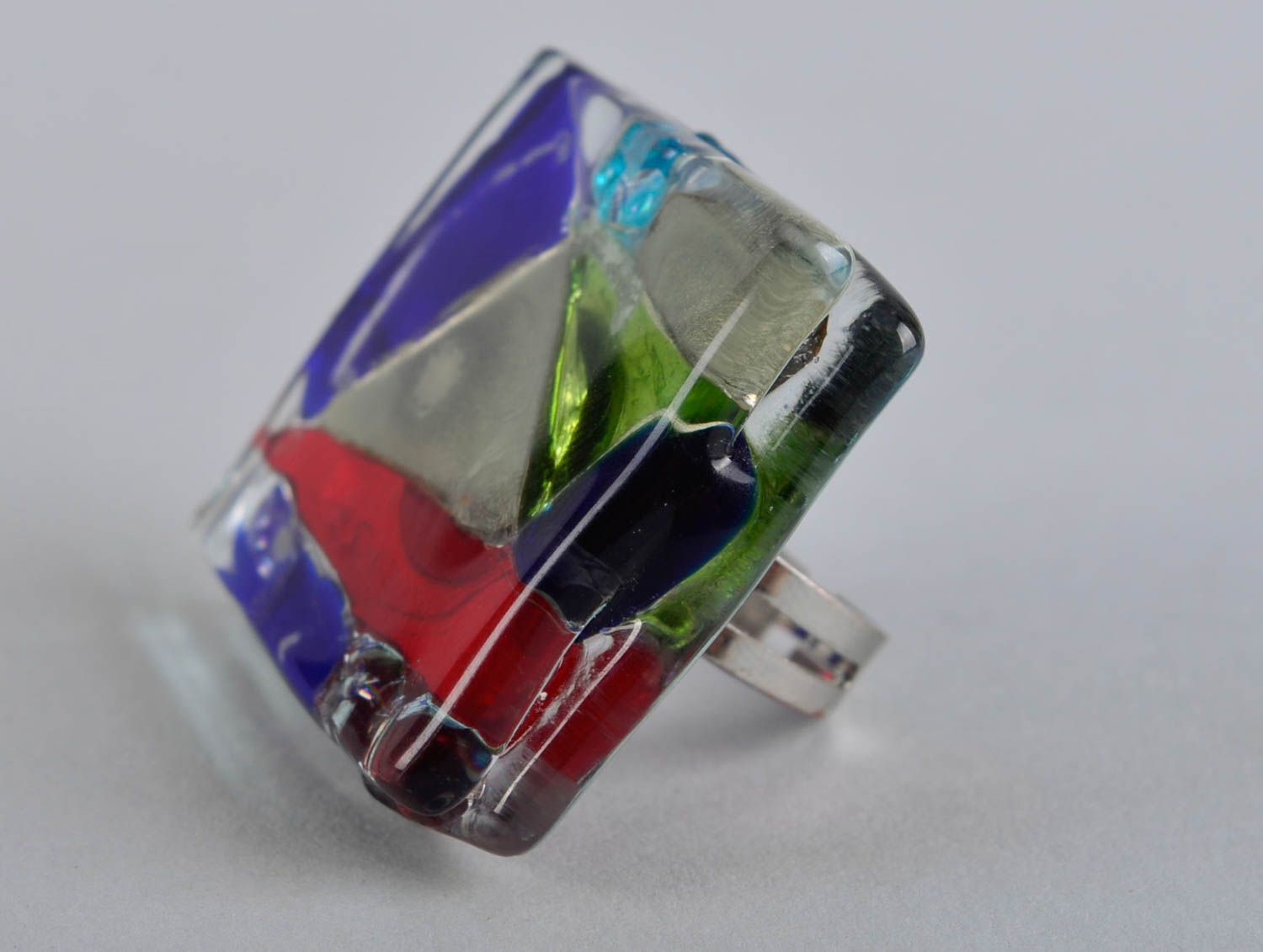 Кольцо ручной работы кольцо из стекла эксклюзивное кольцо квадратное цветное фото 2