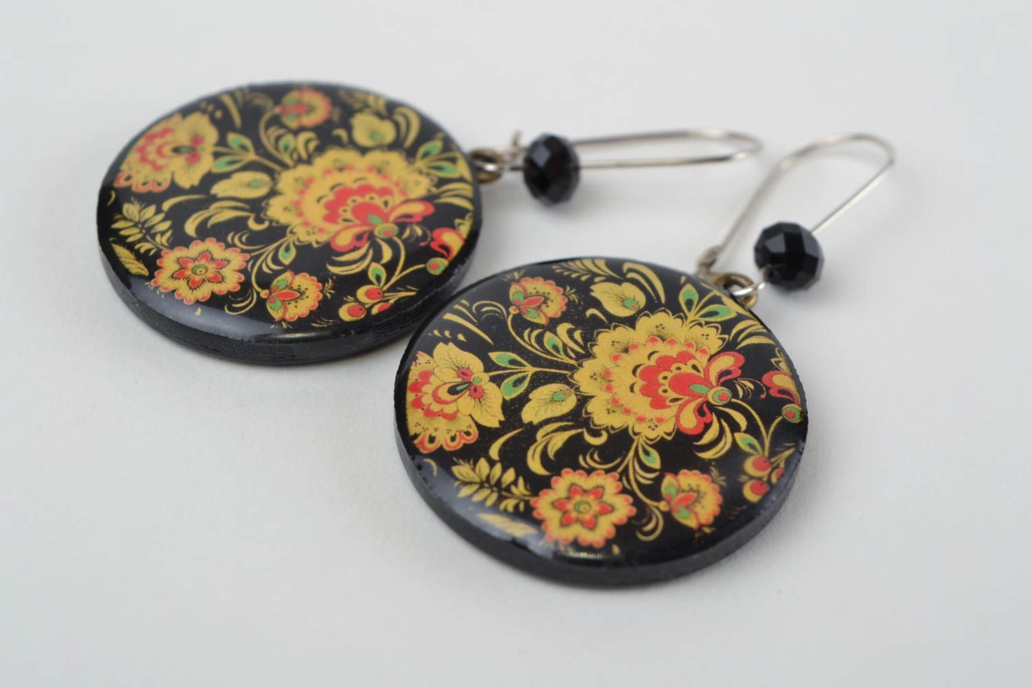 Black and yellow handmade designer polymer clay earrings with decoupage photo 5