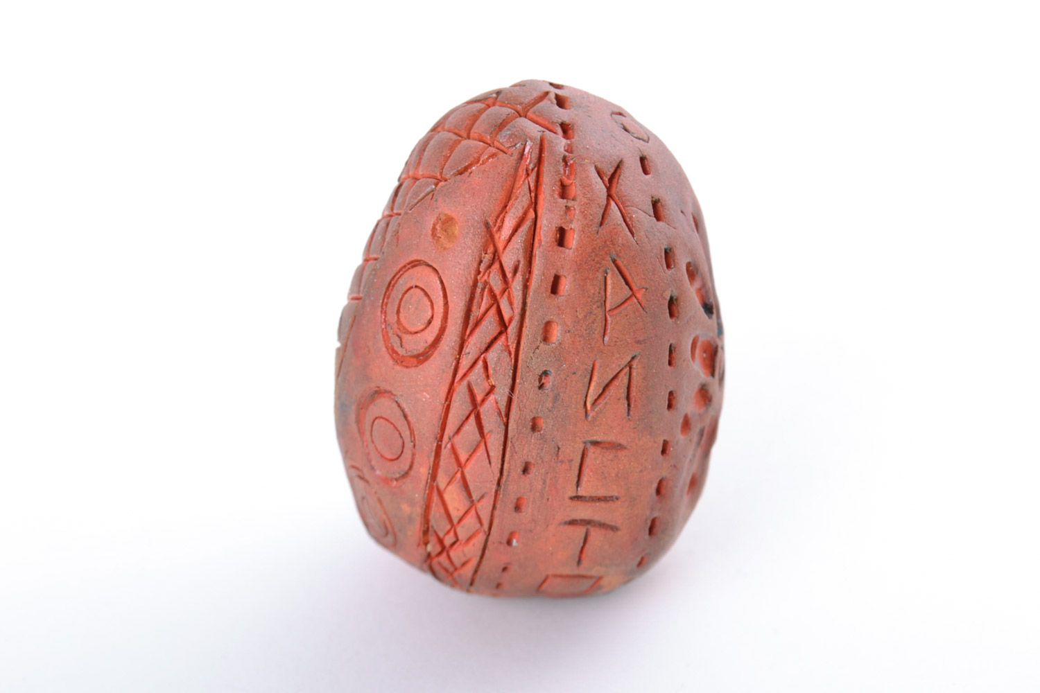 Handmade small decorative ornamented egg of brown color molded of red clay  photo 3