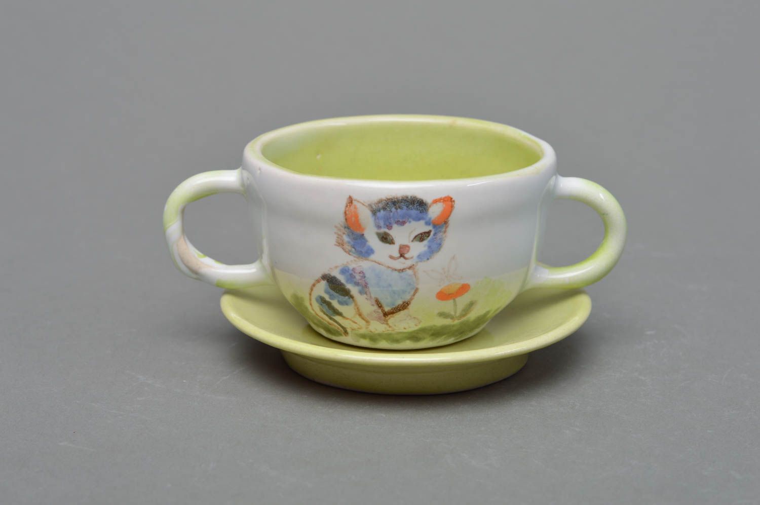 Porcelain drinking 5 oz cup with two handles and a saucer with hand-painted kitty pattern photo 1