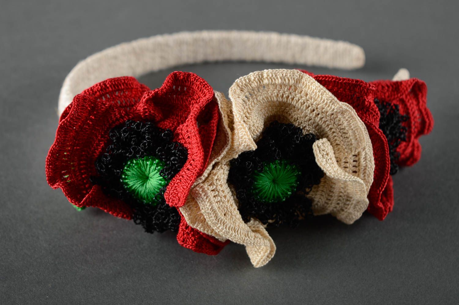 Beautiful unusual headband with crochet flowers photo 1