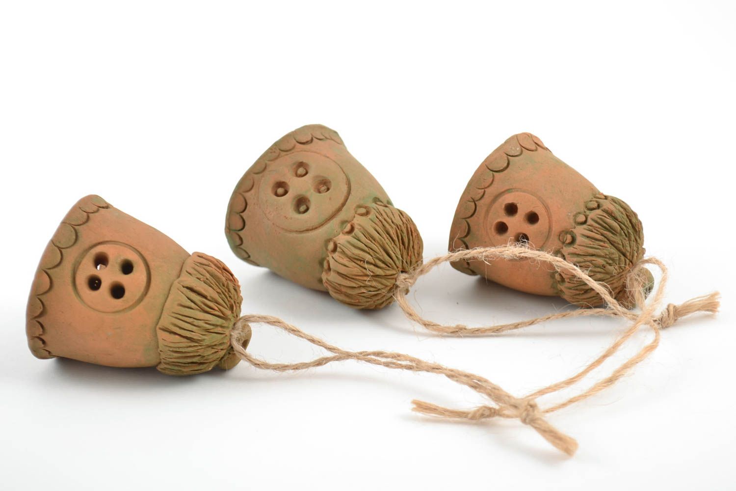 Set of 3 handmade ethnic decorative figured ceramic bells in the shape of houses photo 5