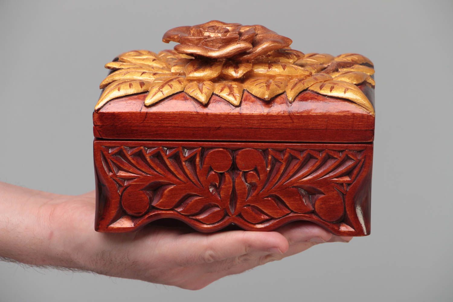 Handmade varnished carved wooden jewelry box designer beautiful accessory photo 5