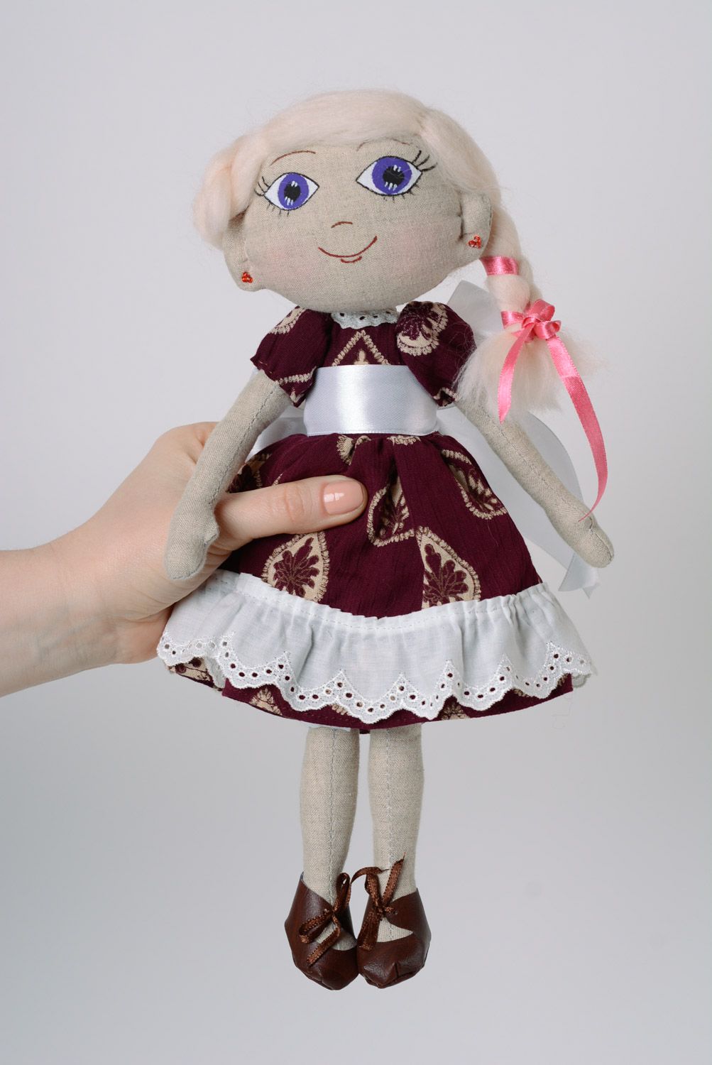 Handmade fabric doll of average size with ginger hair in dress photo 1