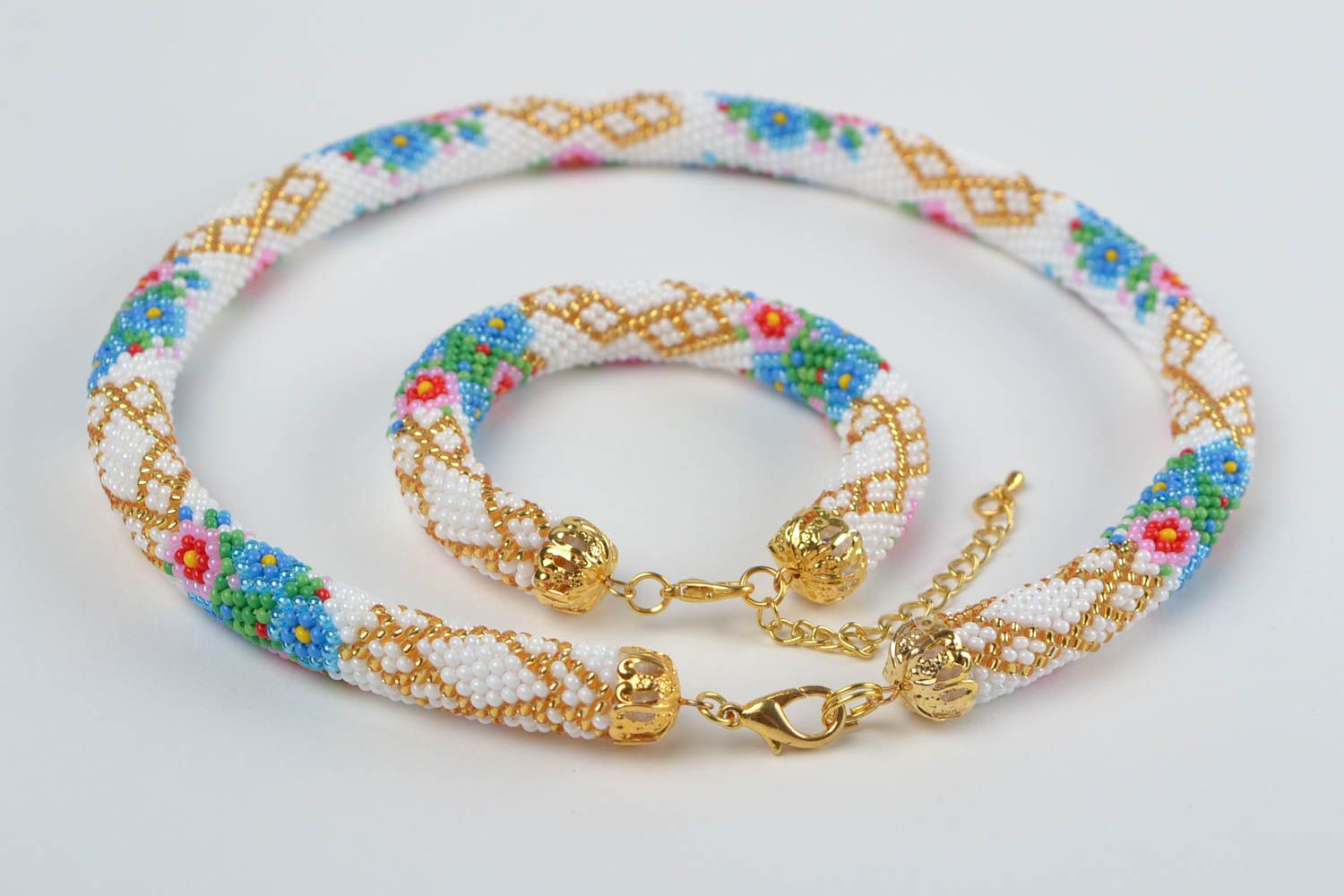 Set de collier et bracelet en perles de rocailles multicolores faits main photo 4
