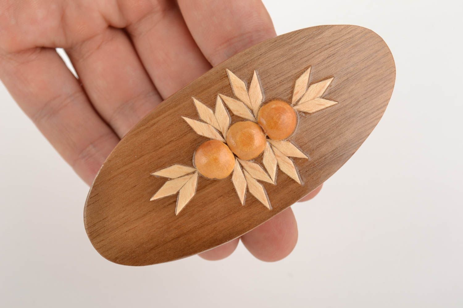 Beautiful hair jewellery brown handmade oval wooden barrette with pattern  photo 4