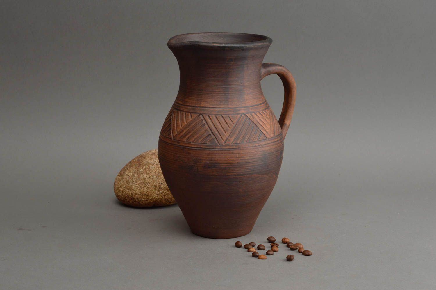 Keramik Krug mit Henkel aus rotem Ton mit Muster braun handmade 1200 ml schön foto 1