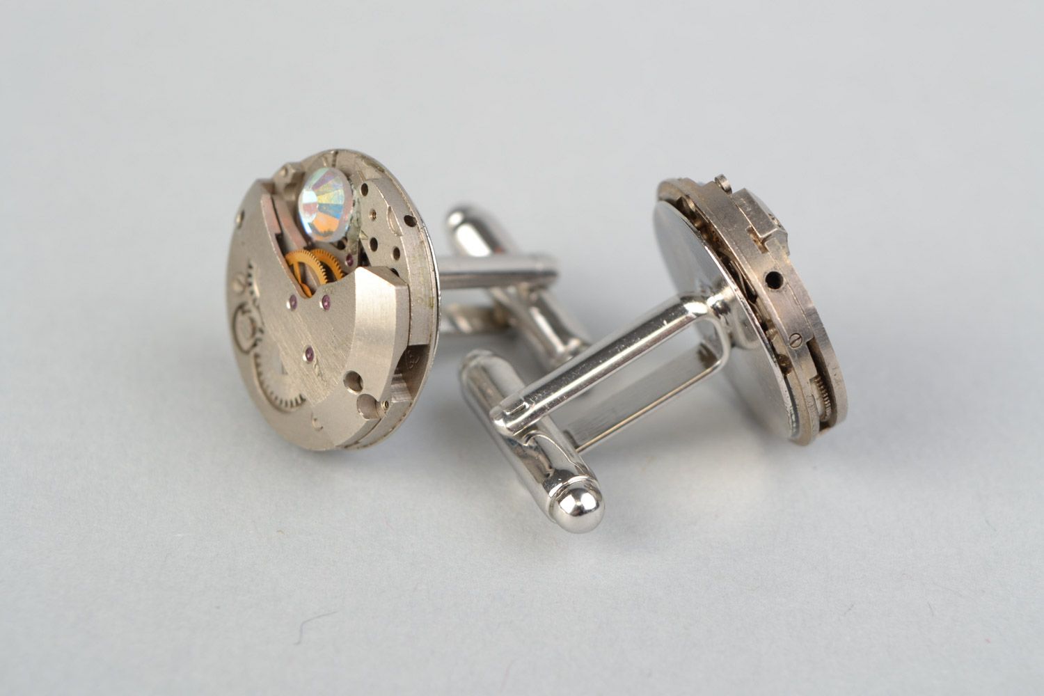 Handmade designer metal cufflinks with clock mechanism in steampunk style photo 3