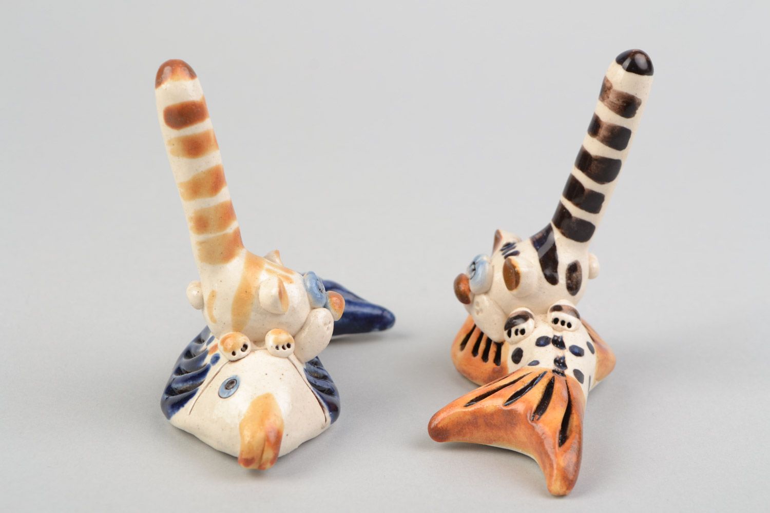 Set of 2 handmade glazed ceramic figurines stands for jewelry rings Cats  photo 4