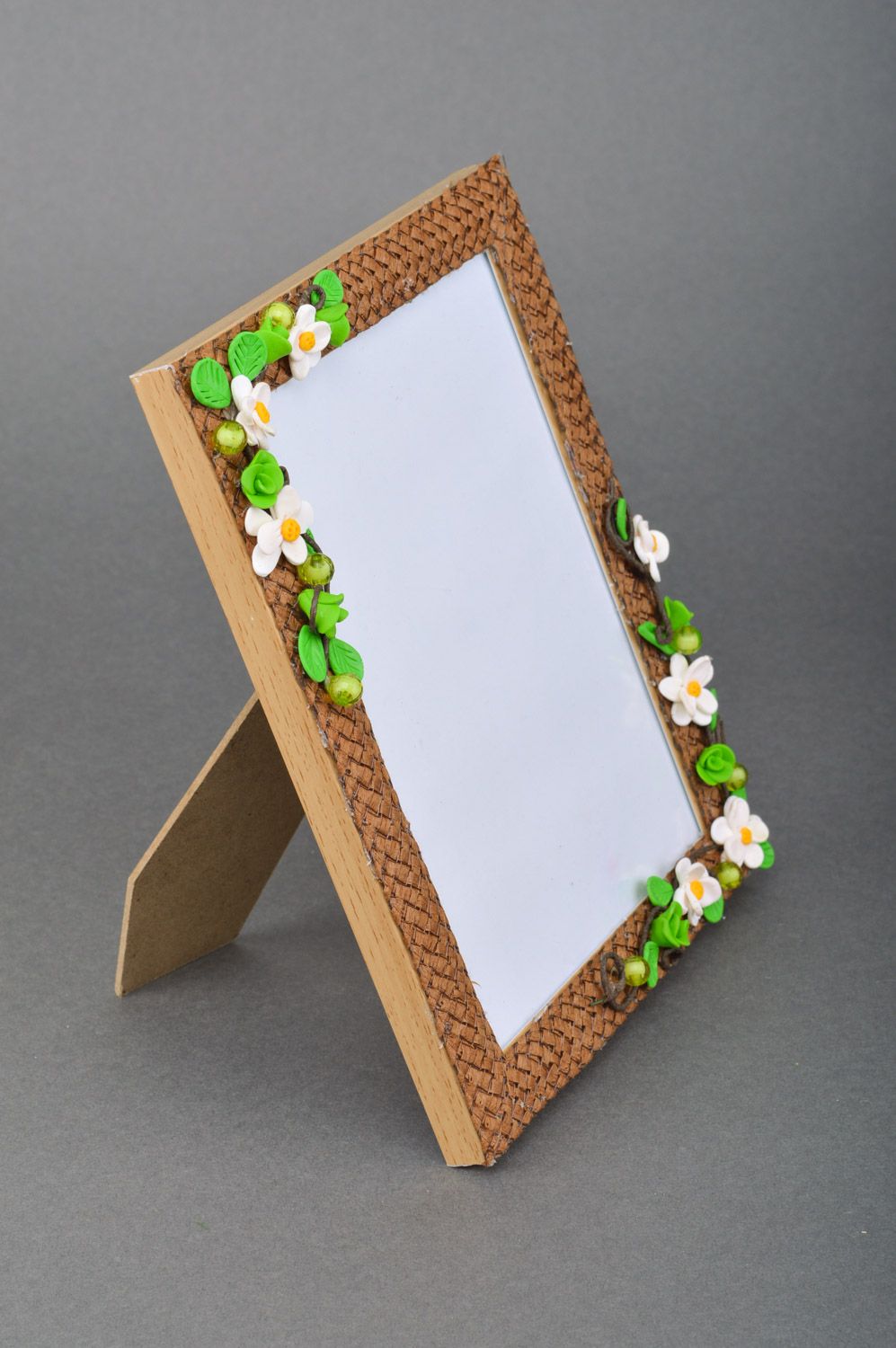 Handmade brown designer photo frame with polymer clay flowers and straw photo 5