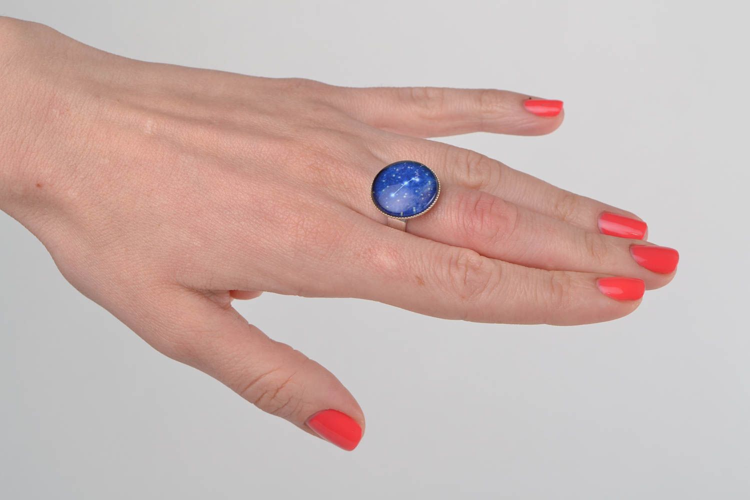 Beautiful handmade blue round top metal ring with Aries zodiac sign photo 1