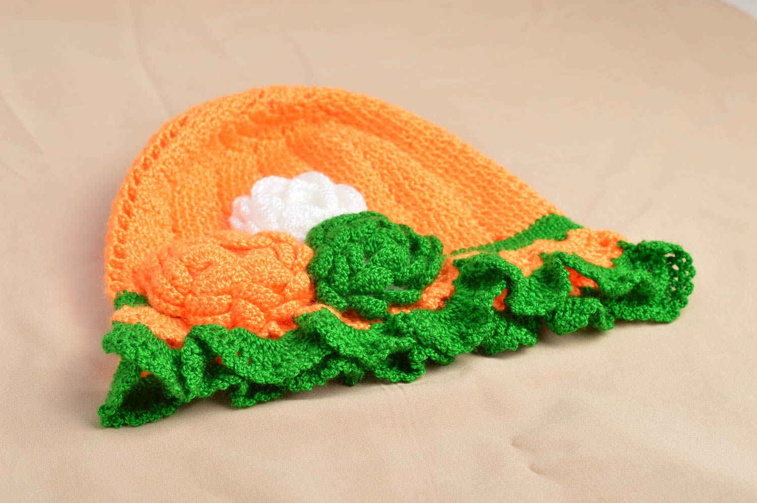 Bonnet tricot fait main Chapeau au crochet Accessoire pour fille orange vert photo 1