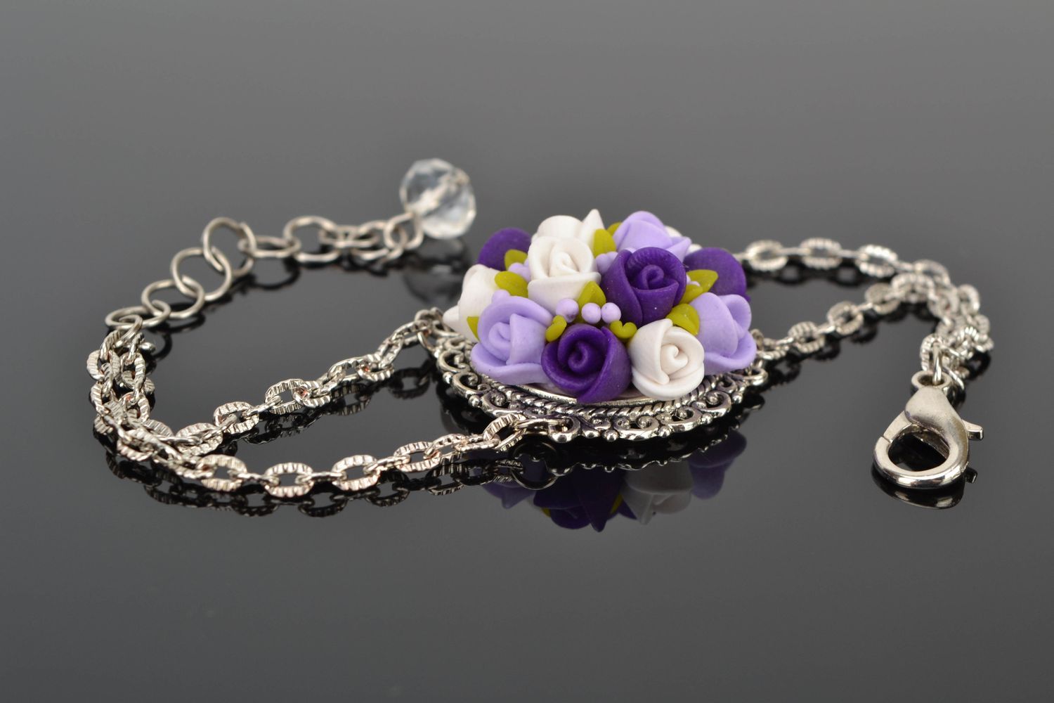 Elegant metal bracelet with polymer clay flowers photo 1