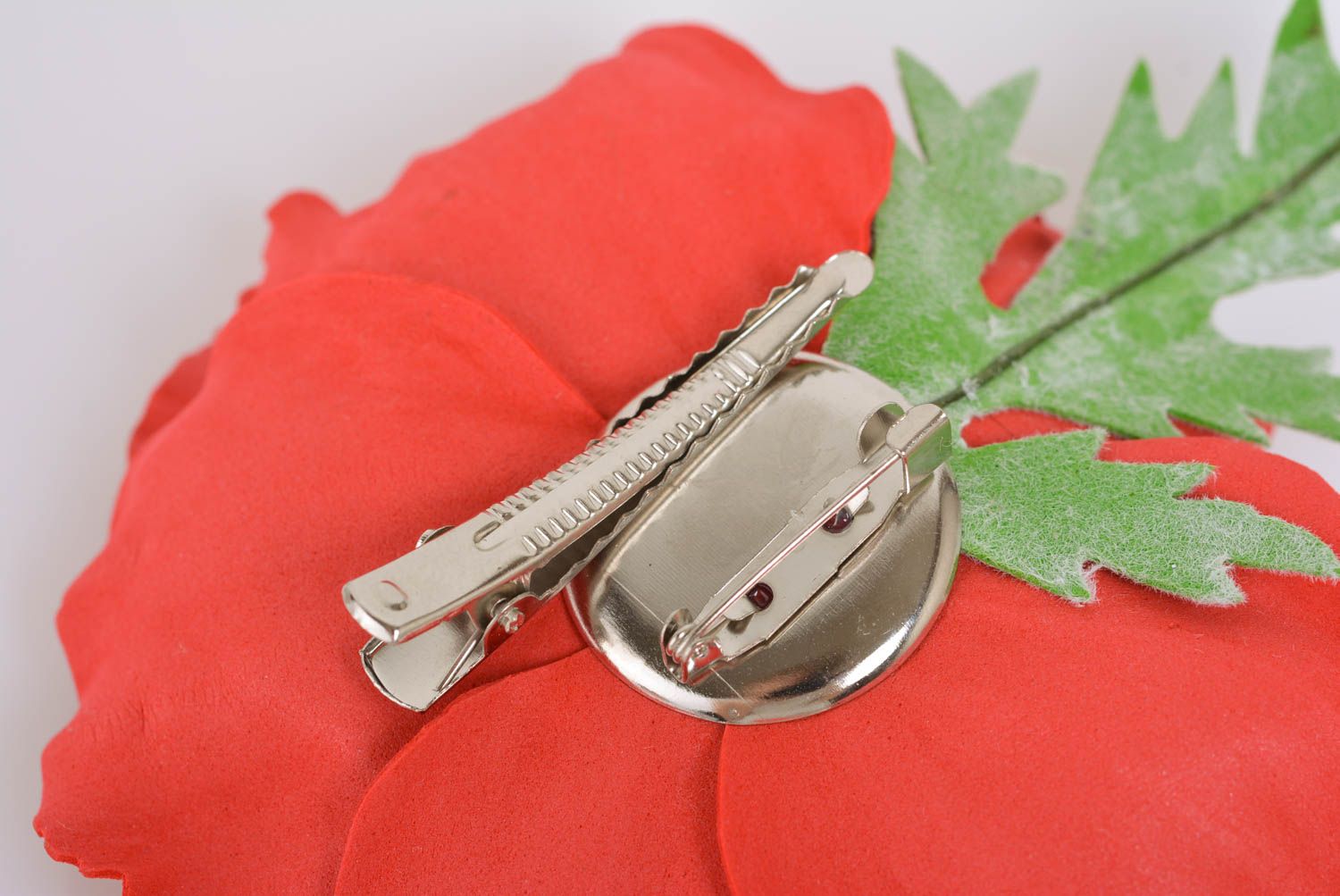 Handmade designer hair clip brooch with large bright red foamiran poppy flower photo 5