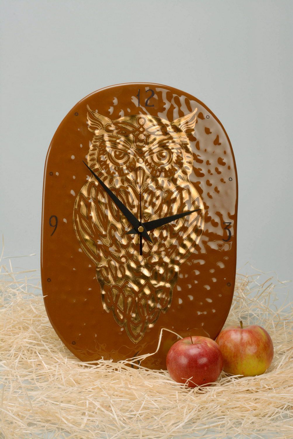 Horloge murale en verre artisanale Hibou doré photo 5