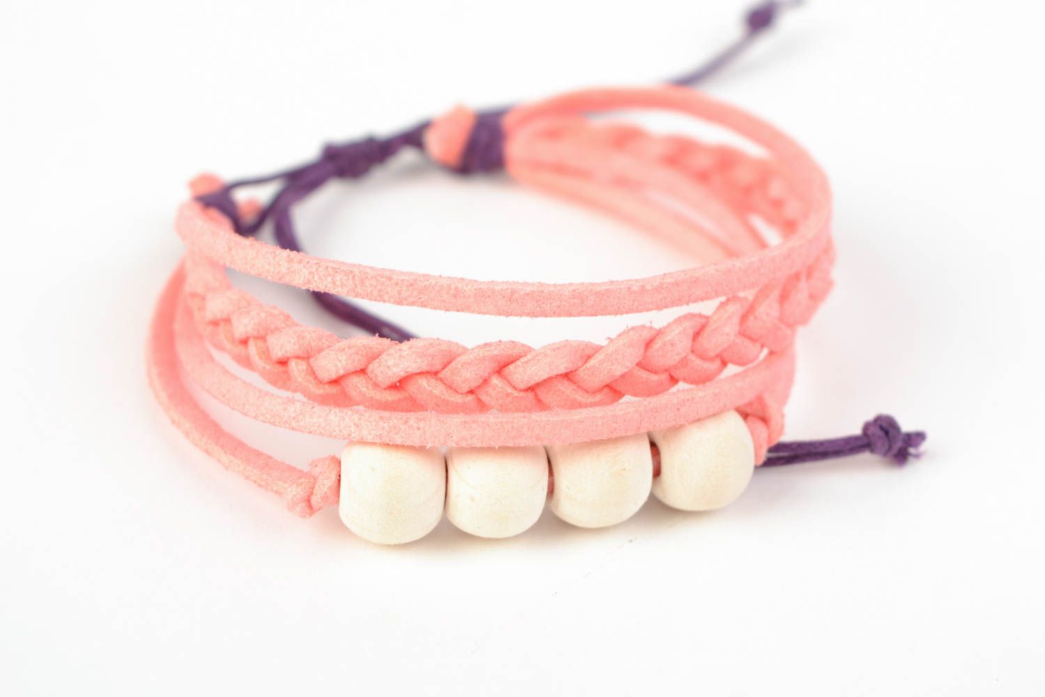 Handmade multi row pink suede cord woven wrist bracelet with wooden beads  photo 3