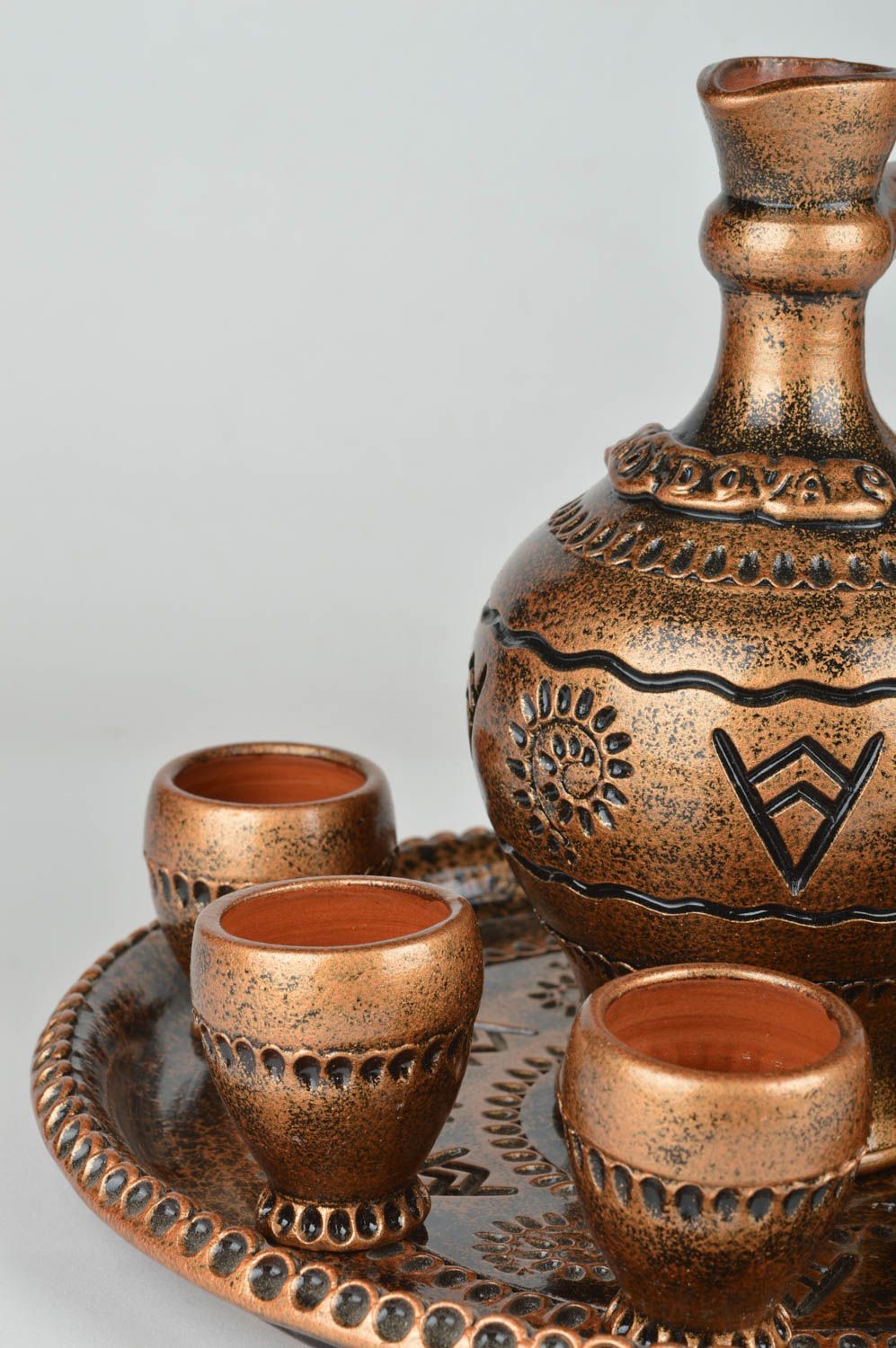 Conjunto de vajilla cerámica artesanal bandeja 6 copas y jarro pintados bonitos foto 5