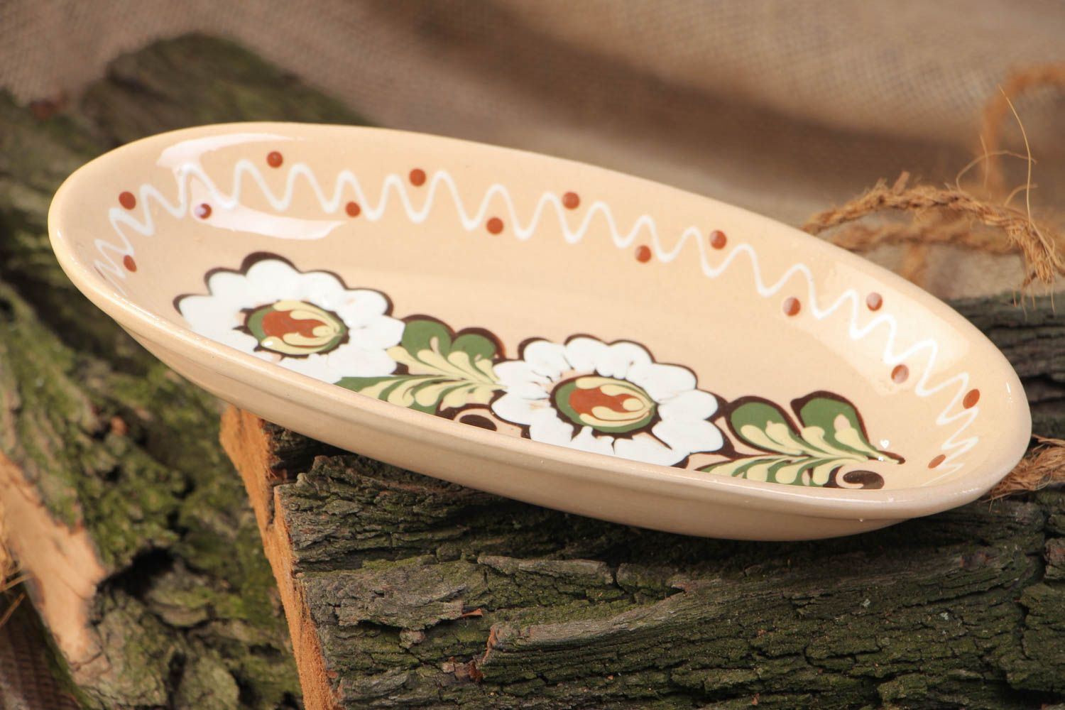 Handmade narrow long plate painted with colorful glaze for serving fish  photo 1