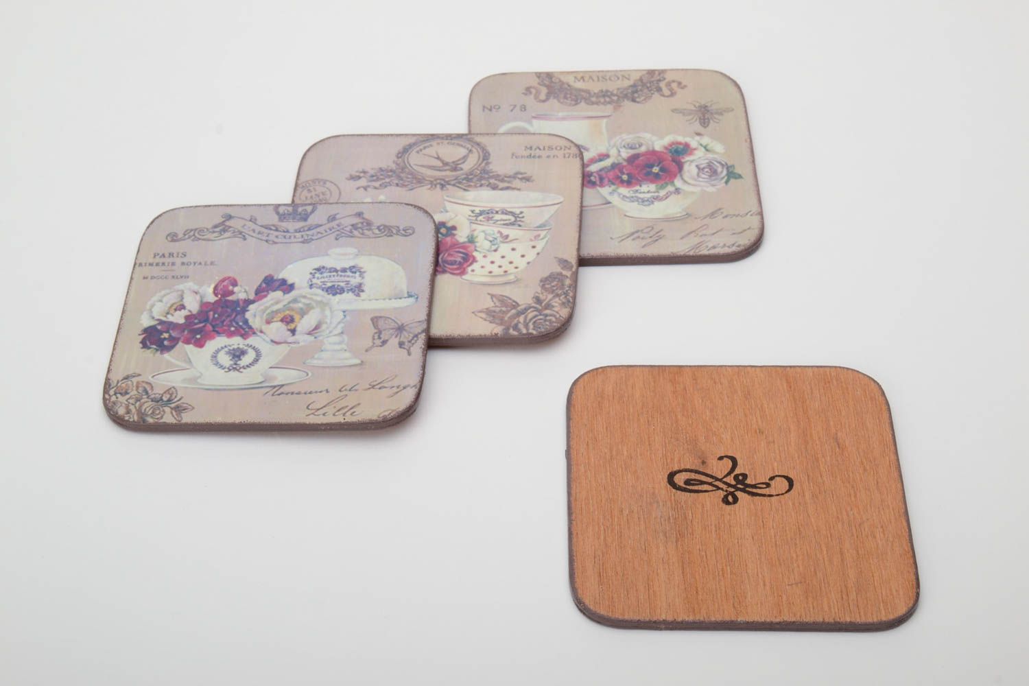 Set of handmade decoupage plywood heat resistant coasters 4 pieces photo 4